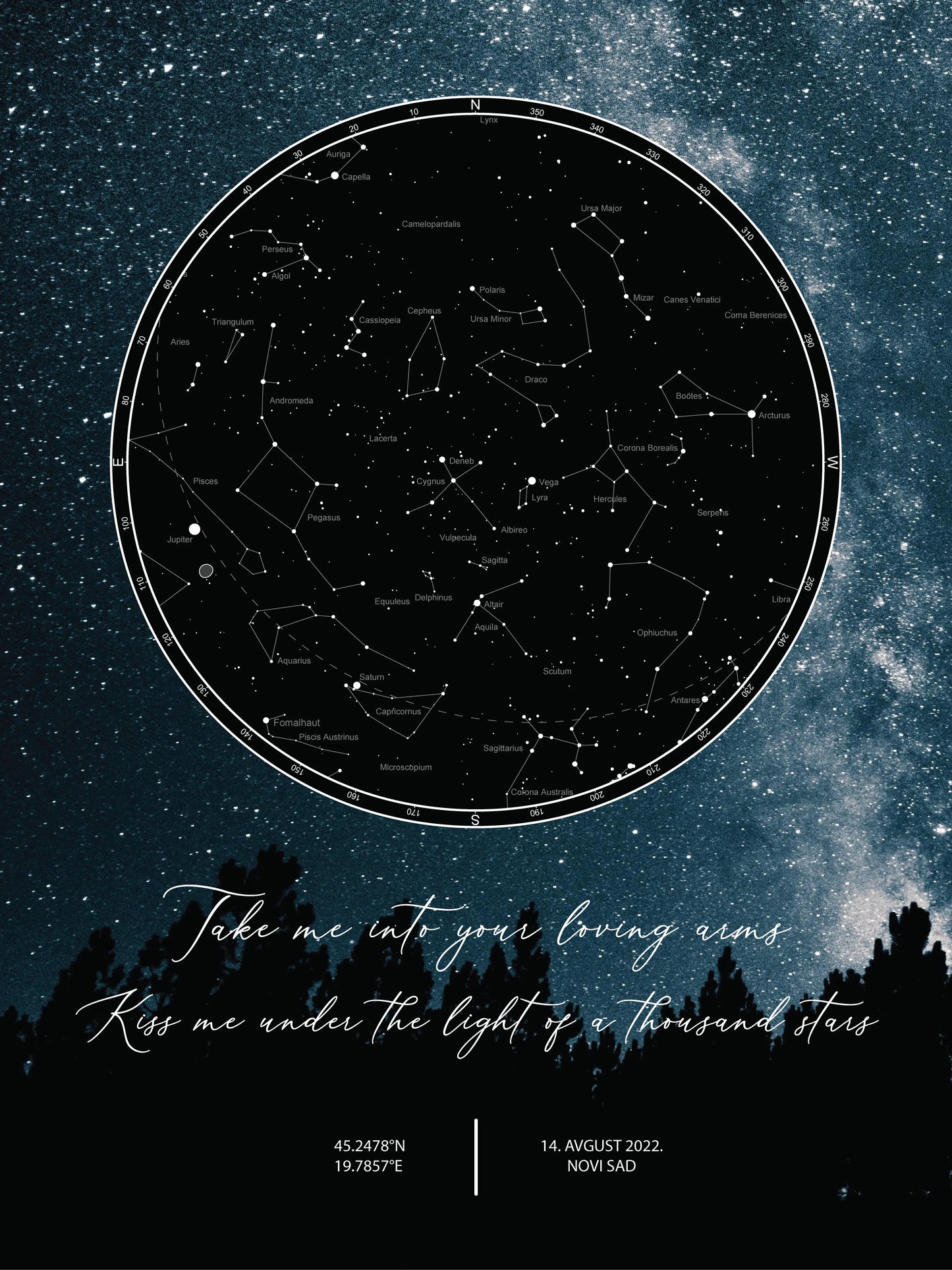 Zvezdana mapa sa šumskom pozadinom