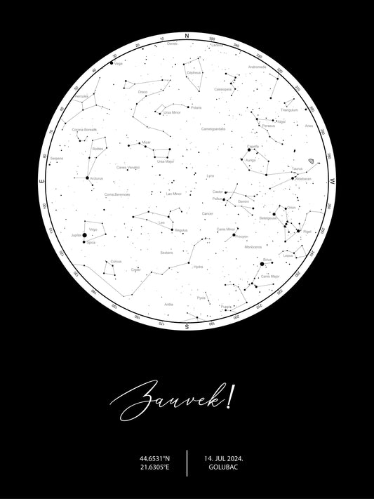 Bela zvezdana mapa sa crnom pozadinom